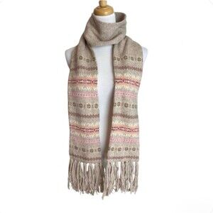 American Eagle Angora Cashmere Blend Fair Isle Fringe Scarf Beige Soft